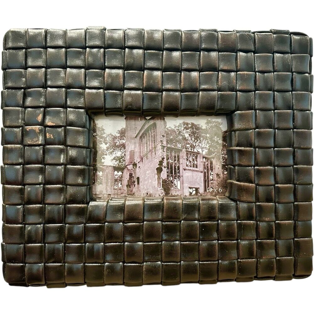 Woven Brown Genuine Leather 4 X 6 Photo Free Standing Frame